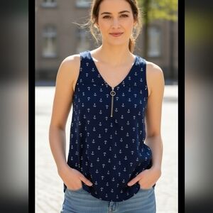 Janet Chung Print Anchor Navy Women's Tank Top Sleveless Size S